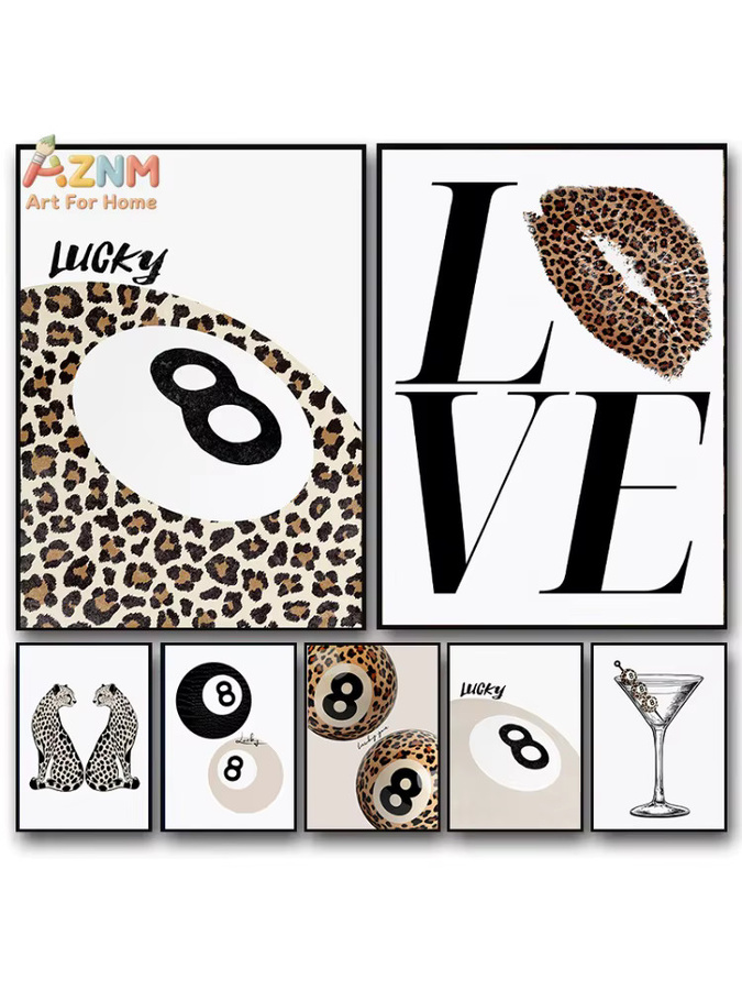 AZNM Moderne Leinwand Wandkunst mit Leopardenmuster, Lucky 8 Ball und Martini-Glas Design - Bild 3