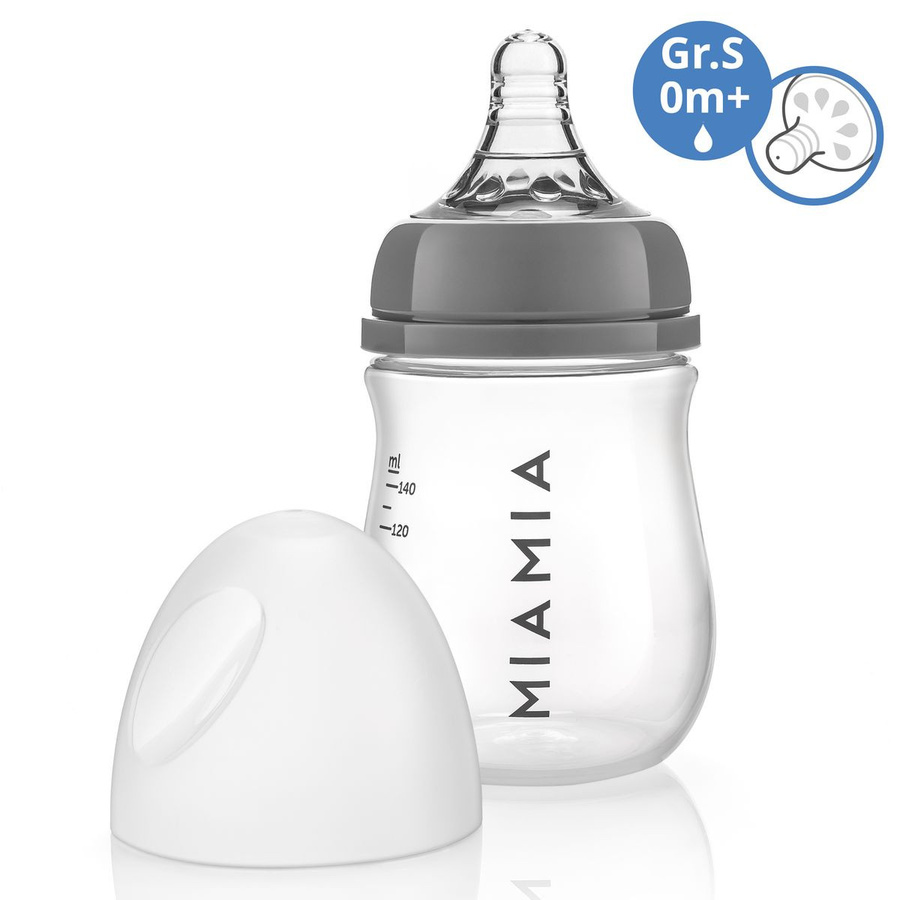 MiaMia PP-Flasche mit Silikon-Trinksauger, Grau, 140 ml, BPA-frei mit Anti-Kolik-Ventil und Messskala - Bild 1