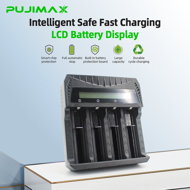 PUJIMAX Smart-Ladegerät mit LCD-Anzeige in Schwarz für AA, AAA, 18650, 26650, 14500, 16340, 18500 und 21700 Ni-MH, Ni-Cd sowie Li-Ionen-Akkus - Bild 1