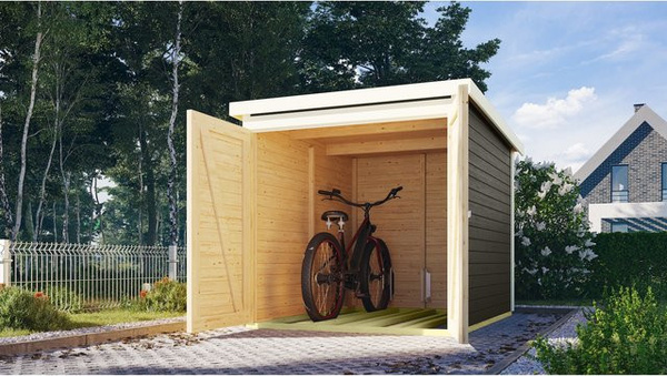 Karibu Fahrradgarage aus nordischer Fichte in Terragrau mit Dachfolie