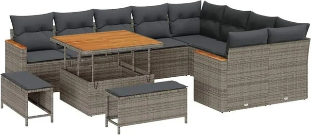 vidaXL Garten-Sofa-Set aus Polyrattan in Grau, 12-teiliges L-Shape Lounge-Set mit Kissen, Ottomane und Couchtisch für Garten, Terrasse oder Balkon - Bild 1