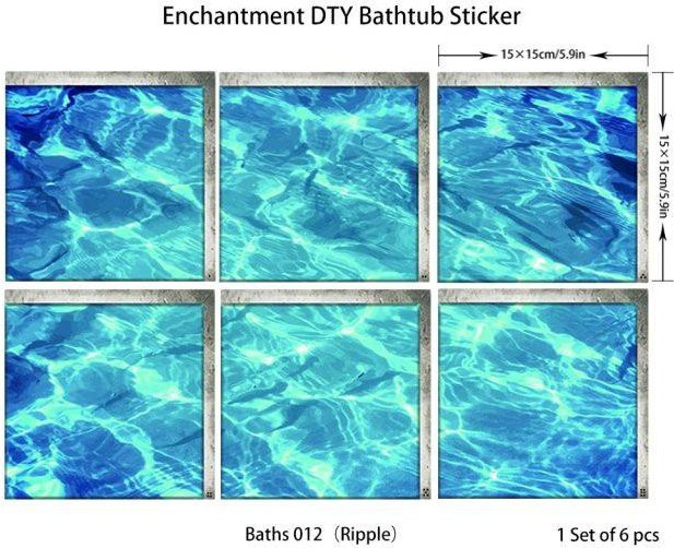 6er-Set rutschfeste und wasserdichte Badewannenaufkleber von Sticker House in Blau und Multicolour mit 3D-Effekt, selbstklebende PVC Wandbilder, quadratisch, B/H: 15 x 15 cm - Bild 1