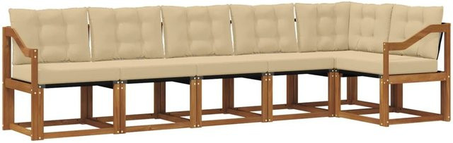 vidaXL Outdoor-Sofagarnitur 6-teilig aus Akazienholz und Textilene in Natur und Beige mit Kissen - Bild 1