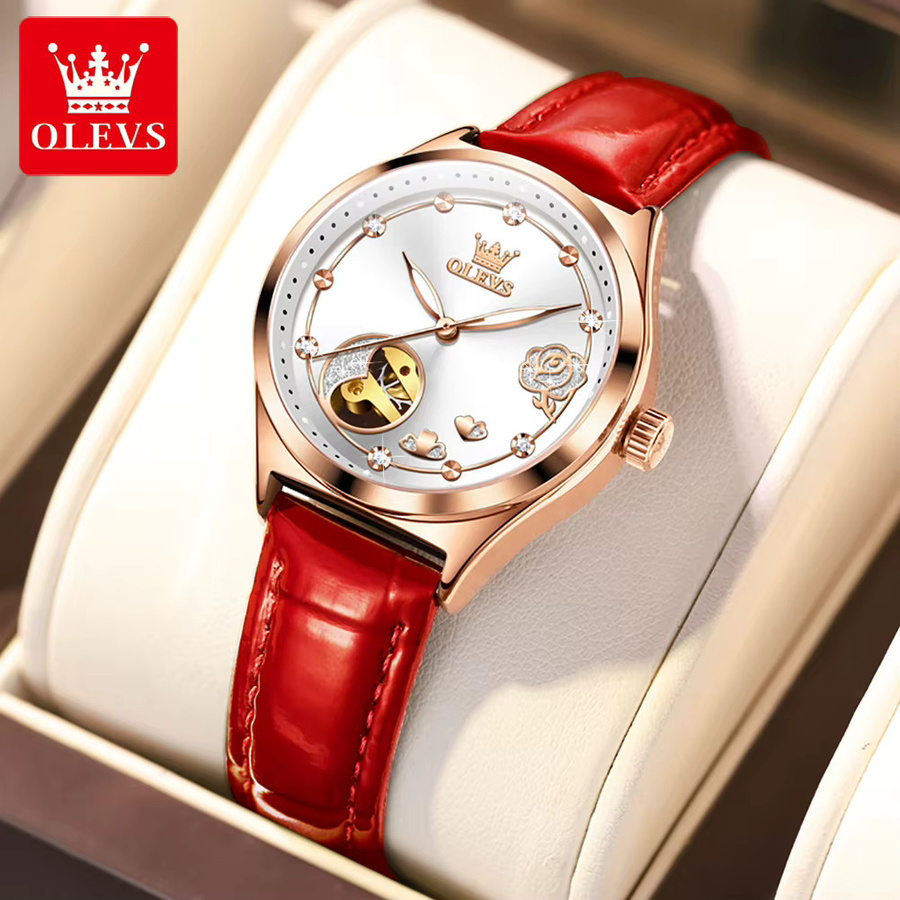 OLEVS Armbanduhr Automatik, Roségold, Diamant, Leder, Damen - Bild 2