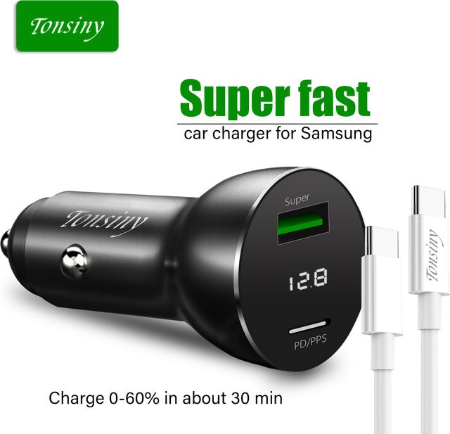 Telecom-Expert USB-C Autoladegerät mit Dual-Port und LED, Schwarz, PPS-Zigarettenanzünder-Ladegerät für Samsung S23 S22 S21 und weitere Modelle - Bild 1