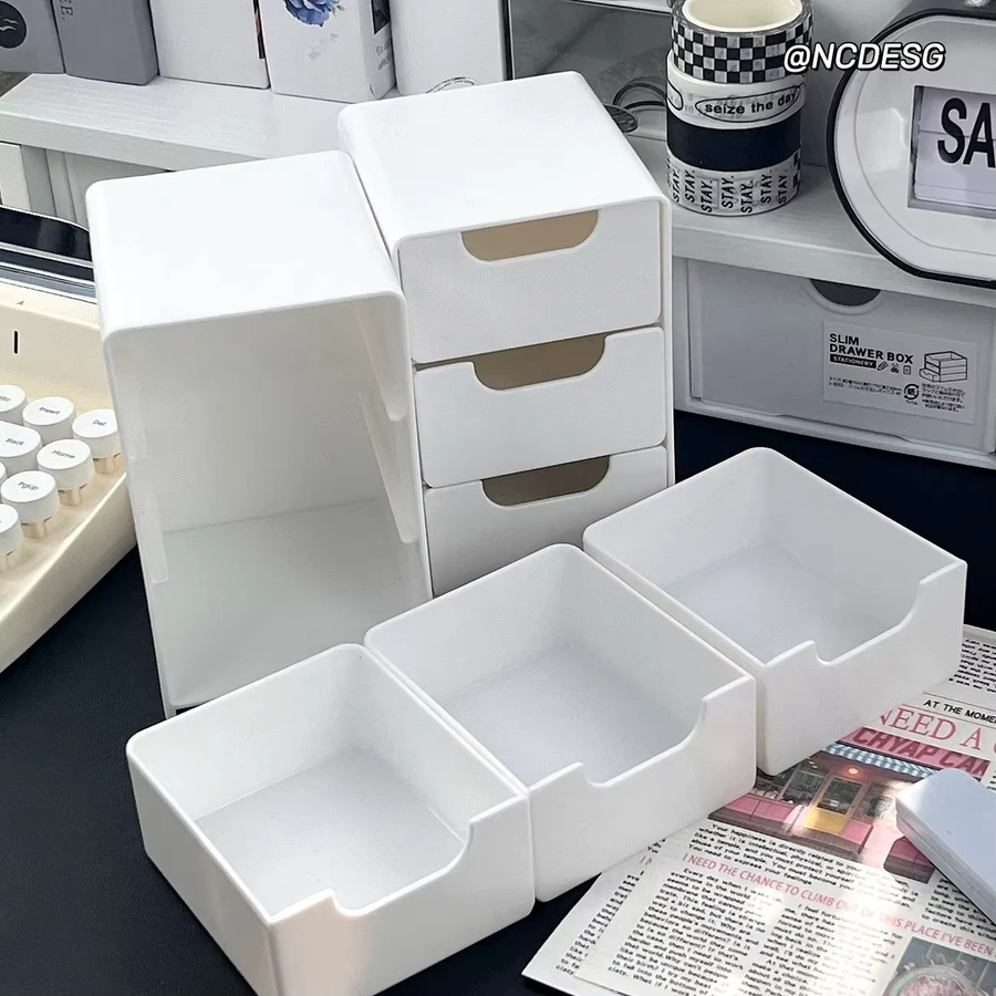 3-lagige weiße Desktop-Aufbewahrungsbox aus Kunststoff mit rundem Griff für Bürobedarf, Schmuck und Kosmetik - Bild 3
