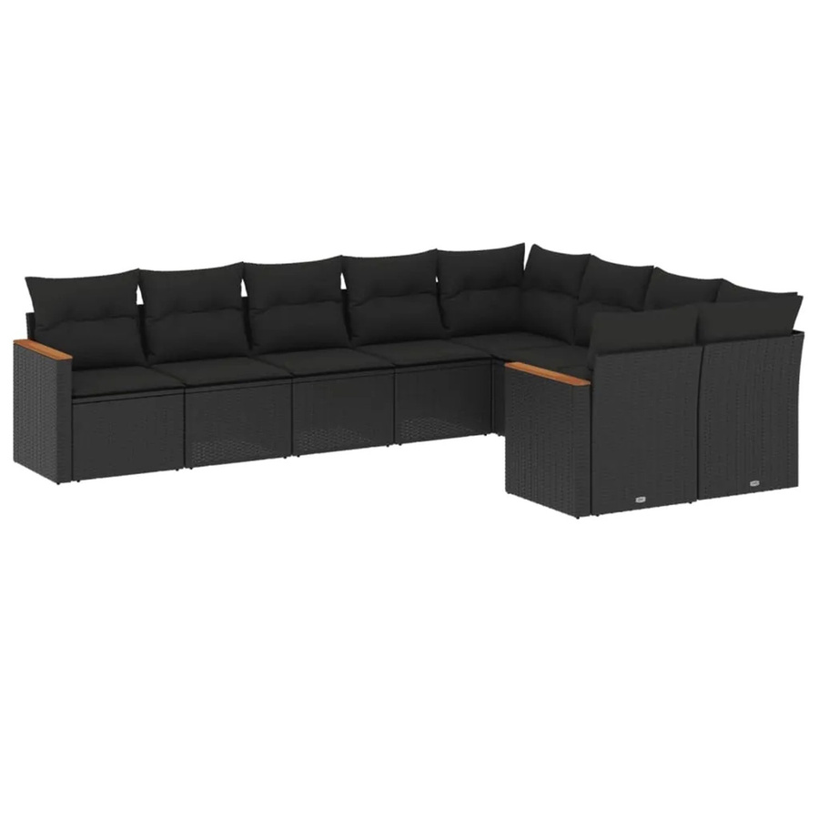 vidaXL 9-tlg Garten-Sofagarnitur in L-Form aus Polyrattan und Akazienholz mit Kissen in Schwarz - Bild 2