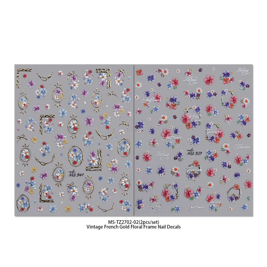 QIANJIKU Nagelsticker, Blumen & Wort, Elfenbein, Glänzend, 2 Stück - Bild 2