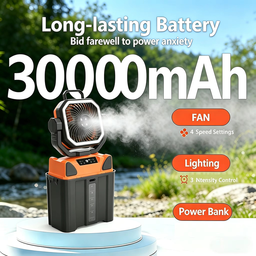 TIASTHAN Outdoor-Campingventilator mit 30000 mAh Akku, 6-Liter-Wassertank, Fernbedienung und Beleuchtung, tragbarer elektrischer Ventilator mit 4 Geschwindigkeitsstufen - Bild 3