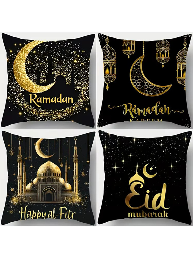 Elegante Eid al-Fitr Kissenbezüge in Schwarz und Gold mit Halbmond, Moschee und Sternen-Motiv, dekorative quadratische Kissenhüllen für dein Fest - Bild 4