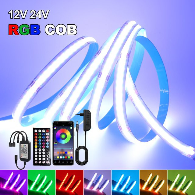 HEGEHE RGB COB LED-Streifen Set, Hochhelle punktlose Multicolour LED-Bänder mit 840 LEDs/m, 12V/24V, flexibel und zuschneidbar - Bild 1