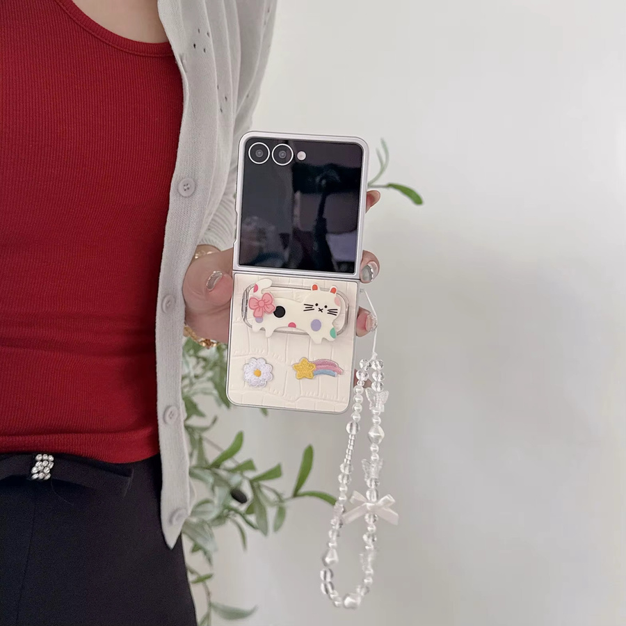 Stoßfeste JINHR Handyhülle mit niedlichem Welpen-Design und Spiegelhalterung für Samsung Galaxy Z Flip 3, 4, 5, 6, 7 in Weiß inklusive Lanyard - Bild 2