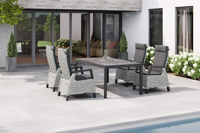 Siena Garden Carlos/Corido Garten-Essgruppe in Anthrazit/Grau mit Keramik-Esstisch und 4 Dining Sesseln aus Aluminium und Geflecht, Tisch B: 180 cm, T: 100 cm, H: 74 cm - Bild 1
