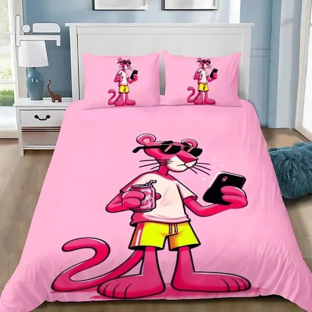 Bettwäscheset Creative Homewares mit Cartoon Panther Motiv in Grau und Rosa, bestehend aus Bettbezug und Kissenbezügen, B/H: 135 x 200 cm - Bild 1