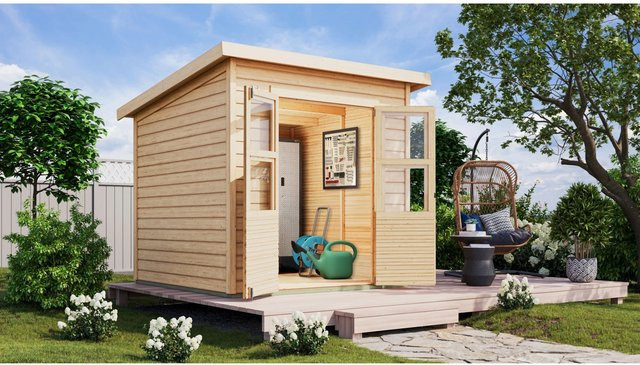 Karibu Holz-Gartenhaus Neuenburg 2 Pultdach aus Nadelholz in Natur/Braun, B/T/H: 208 x 210 x 208 cm - Bild 1