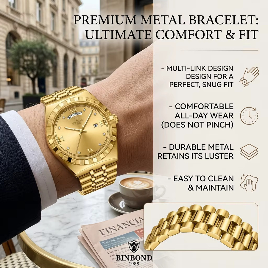 BINBOND Armbanduhr, Quarz, Edelstahl, Gold, Herren - Bild 2