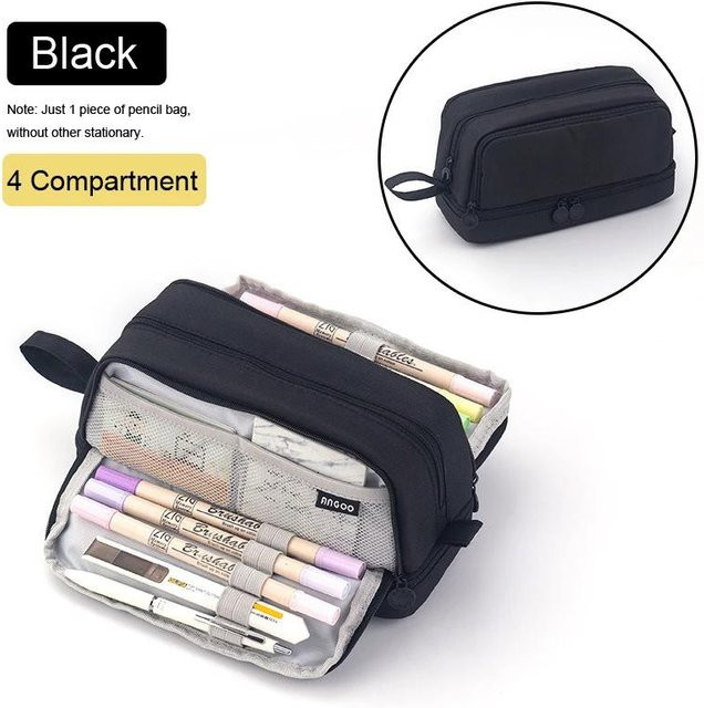 Angoo Federmäppchen mit 4 Fächern als Schreibwaren-Organizer und Kosmetiktasche, Schwarz - Bild 1