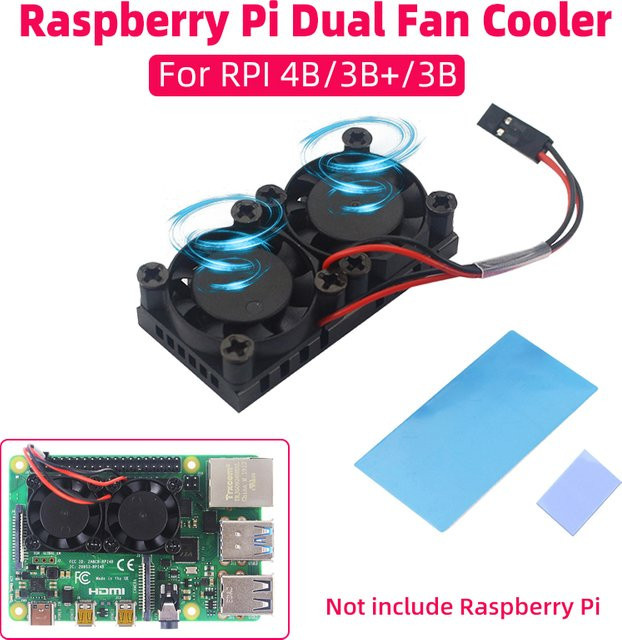SHCHV Aktiver Dual-Fan Kühler für Raspberry Pi 4, 3B+ und 3B inklusive Silikon Wärmeleitpad in Schwarz - Bild 1