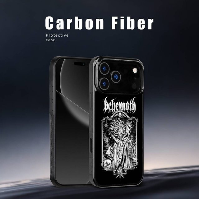Schwarze Behemoten Metallband Handyhülle mit Spiegel für Apple iPhone 11 bis iPhone 17 Pro Max Mini Plus - Bild 1