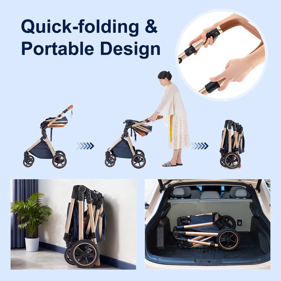 3-in-1 Kombi-Kinderwagen für Neugeborene mit Babywanne, zusammenklappbar und verstellbarer Griff, Grau-Blau - Bild 7
