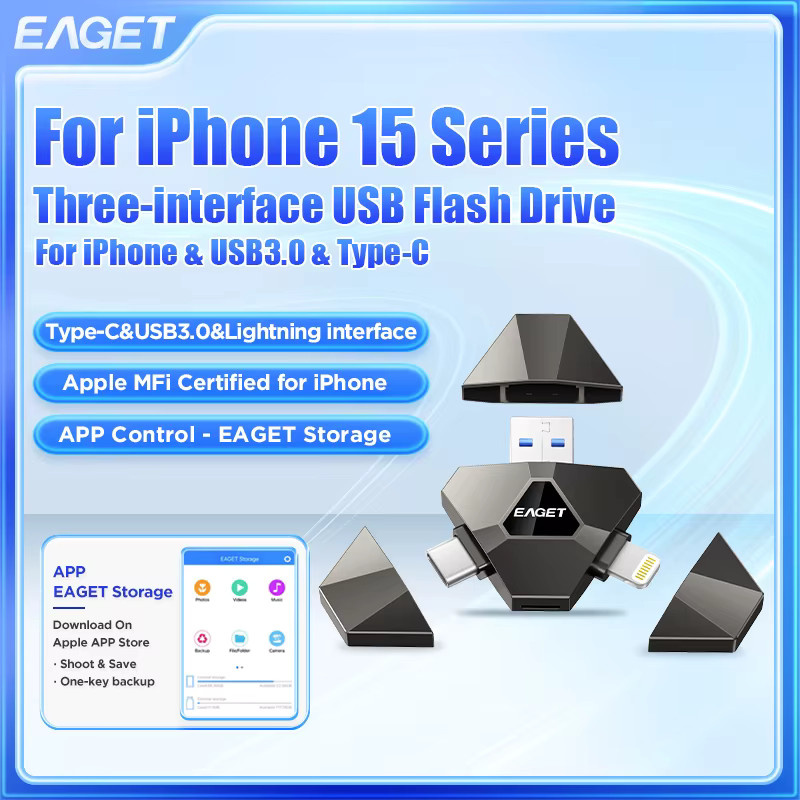 Eaget 3-in-1 USB-Stick mit USB-C, Lightning und USB-A Anschlüssen, USB 3.2 Pendrive für iPhone und Android, Schwarz - Bild 2