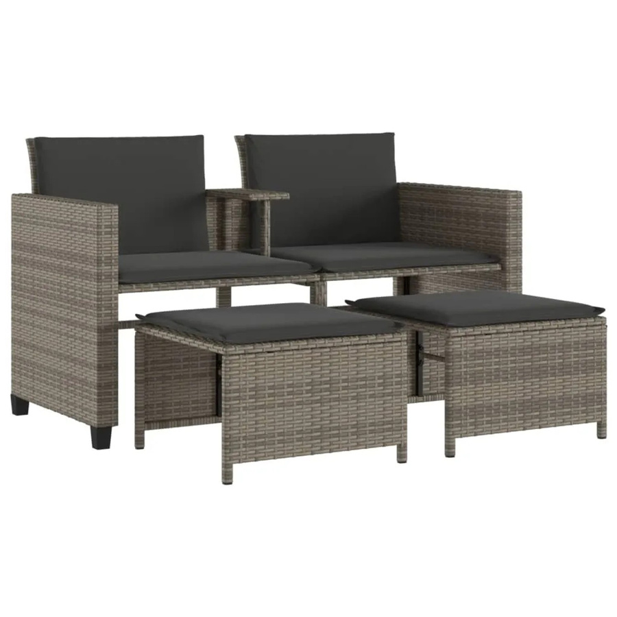 vidaXL Gartensofa-Set aus grauem PE-Rattan mit Tisch, 2 Hockern und Polstern, Gestell aus pulverbeschichtetem Stahl - Bild 2