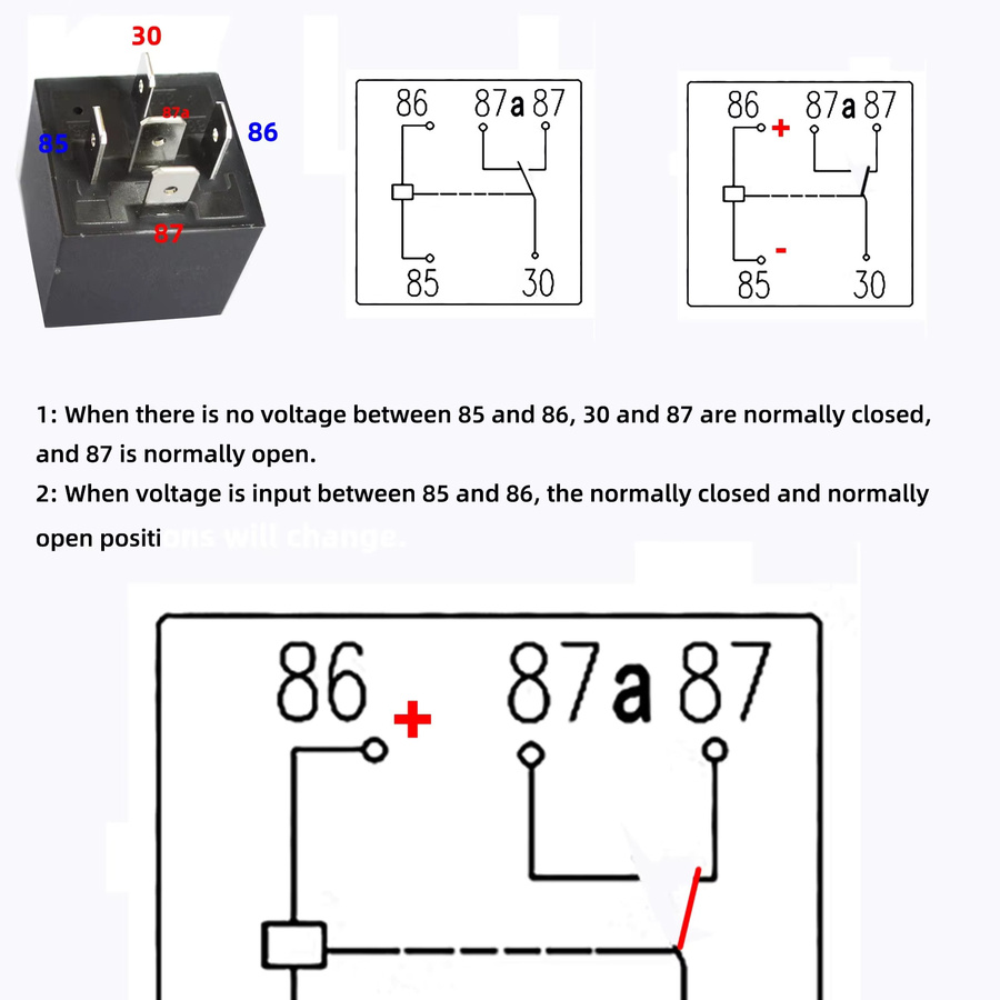 5-teiliges QXNY Kfz-Relais-Set 12V 24V 5-polig 40A wasserdicht mit Kupferanschluss in Schwarz-Rot und Relaissockel sowie Kabelbaum - Bild 3