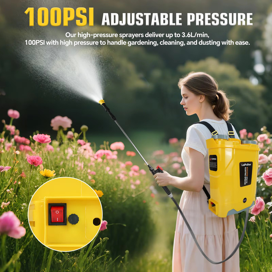 LaiPuDuo Akku-Rückensprühgerät 20L Gelb, Elektrisches Gartensprühgerät mit 100PSI und 4 Düsen, kompatibel mit Dewalt 20V Akku - Bild 3