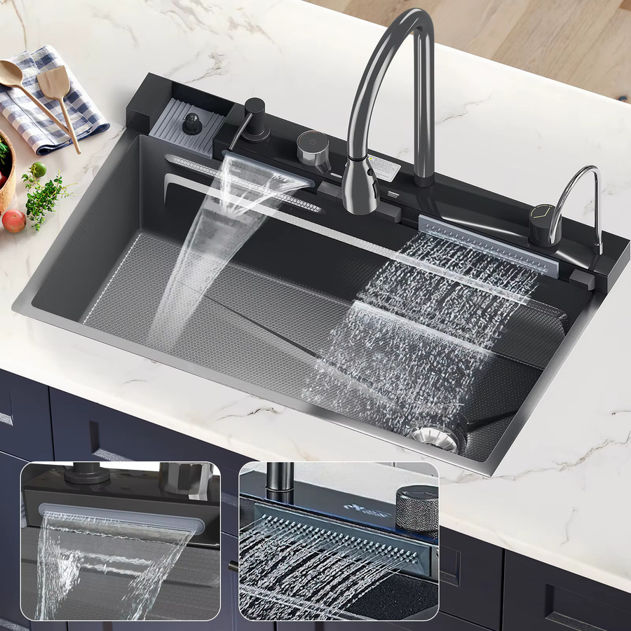 DWiusty Edelstahl-Küchenspüle in Silber mit Armatur, Digitalanzeige, großem Einzelbecken und Wasserfall-Regenfunktion sowie 5-Funktionen-System - Bild 7