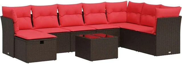 vidaXL 9-tlg. Garten-Sofagarnitur in L-Form aus braunem Poly-Rattan mit UV-beständigen Kissen und pulverbeschichtetem Stahlgestell - Bild 1
