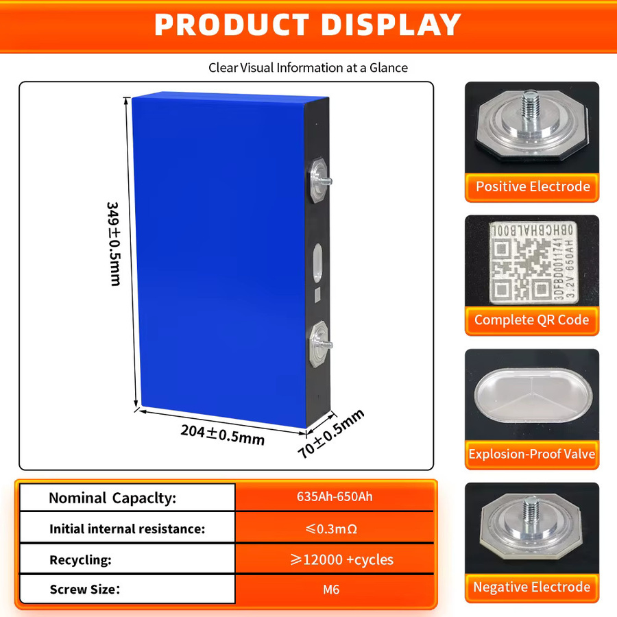 Fullfutura LiFePO4 Batterie 3,2V 650Ah mit Klasse A Lithium-Eisenphosphat-Zellen und integriertem Explosionsschutz in Blau für DIY-Montage in 12V/24V/48V/96V Systemen für Camping, Outdoor und Marine-Motoren - Bild 2