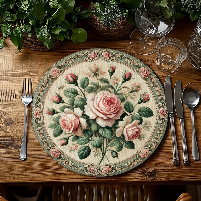 VIKAMA 4er Set runde Tischsets mit Vintage-Blumenmuster in Rosa und Grün, maschinenwaschbar - Bild 1
