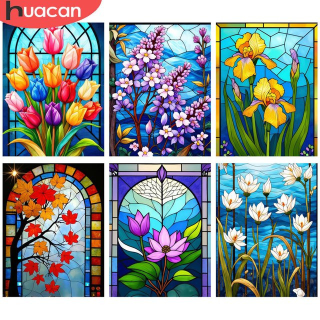 HUACAN Diamantmalerei Set mit Blumen im Buntglas-Stil, 5D-DIY-Mosaik-Kit, Multicolor, B/H: 30 x 20 cm - Bild 1