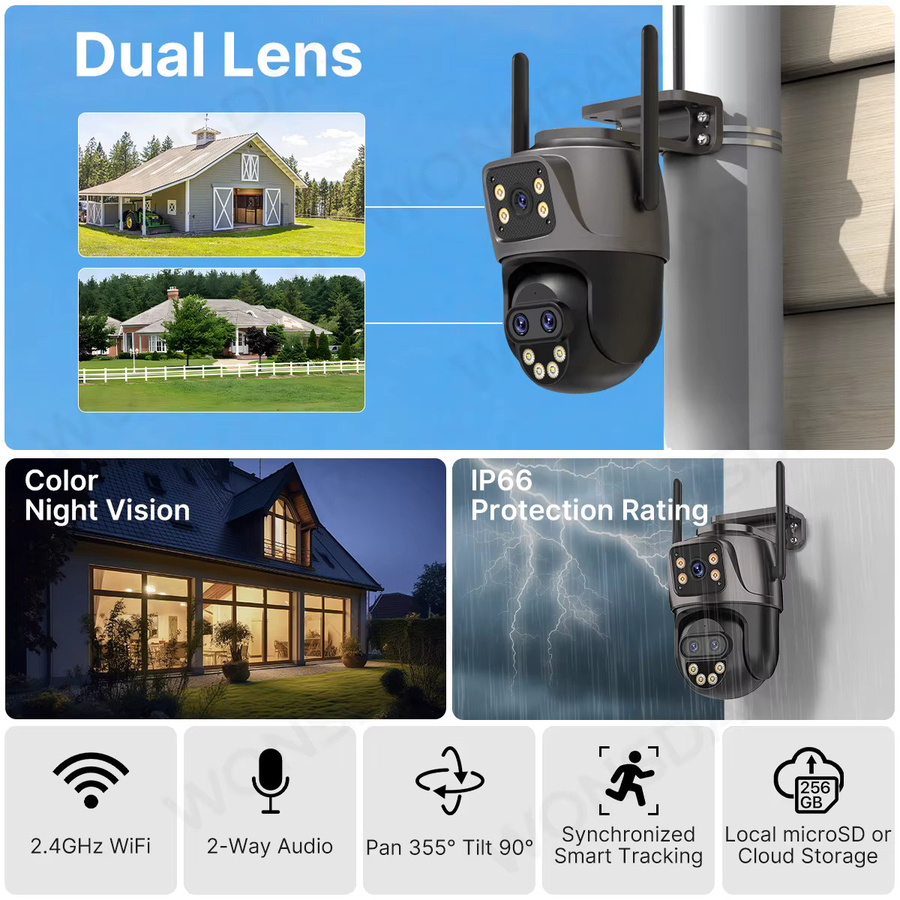 WONSDAR PTZ-IP-Kamera mit drei Objektiven, HD-Dual-Objektiv WLAN-Überwachungskamera für den Außenbereich mit automatischer Verfolgung, kabellose iCsee CCTV-Kamera, Schwarz - Bild 2
