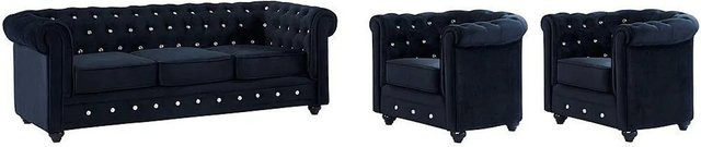 Vente-unique Chesterfield Couchgarnitur aus Samt mit 3-Sitzer-Sofa und Sessel in Schwarz, Breite: 205 cm, Tiefe: 82 cm - Bild 1