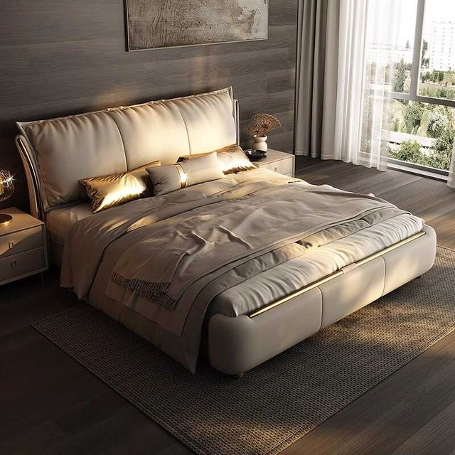 DUTRIEUX Modernes Polsterbett in Beige mit Lift-up-Funktion und Unterbettbeleuchtung, B/T: 150 x 200 cm - Bild 1