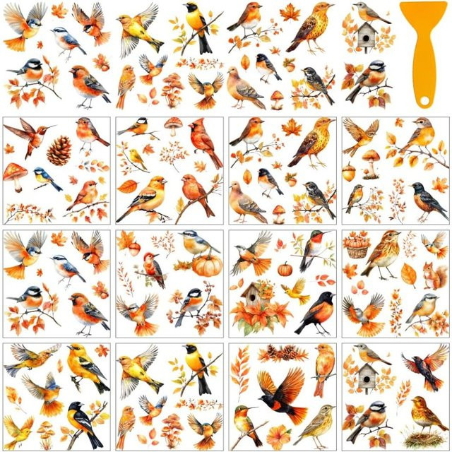 12 Blatt Vogel-Transferaufkleber mit Herbstblumen und Schaber, Mehrfarbig - Bild 1