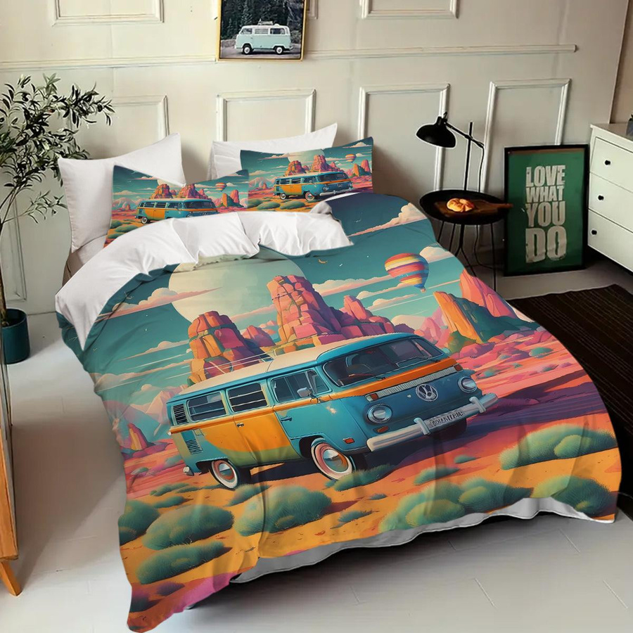 Bettwäsche Set mit Wohnmobil Muster im 3D-Druck, Cartoon Stil, Bettbezug und Kissenbezug, EU Single, B/H: 135 x 200 cm - Bild 3