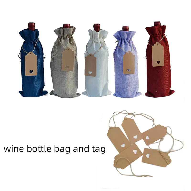 10-teiliges Weinflaschen-Set aus Sackleinen mit Hangtags und Kordelzug in Rot und Mehrfarbig zum Verschenken und für den Transport - Bild 2
