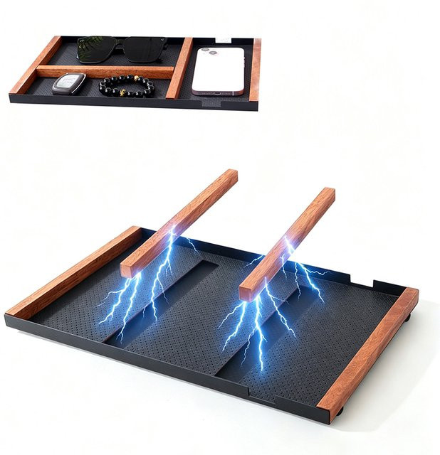 Magnetisches Aufbewahrungstablett aus Holz mit brauner Ledermatte, Schreibtisch-Organizer für Schlüssel, Handy und Schmuck, B/T: 35,0 x 21,0 cm - Bild 1