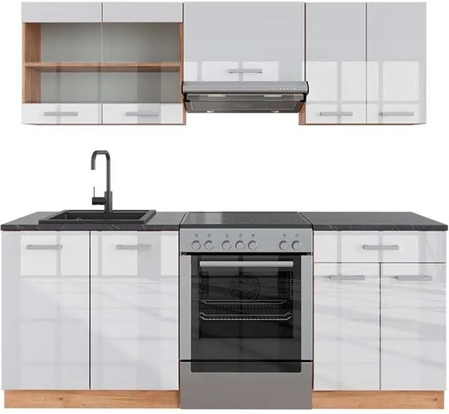 Vicco R-Line Küchenzeile Weiß Hochglanz und Goldkraft Eiche mit Anthrazit, Breite: 200 cm - Bild 1