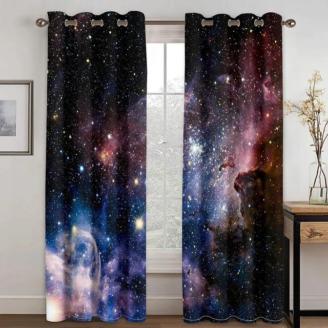 Sternenvorhang mit Galaxie-Druck für Wohnzimmer und Schlafzimmer, halbtransparent, Mehrfarbig, B: 100 cm, H: 130 cm - Bild 1
