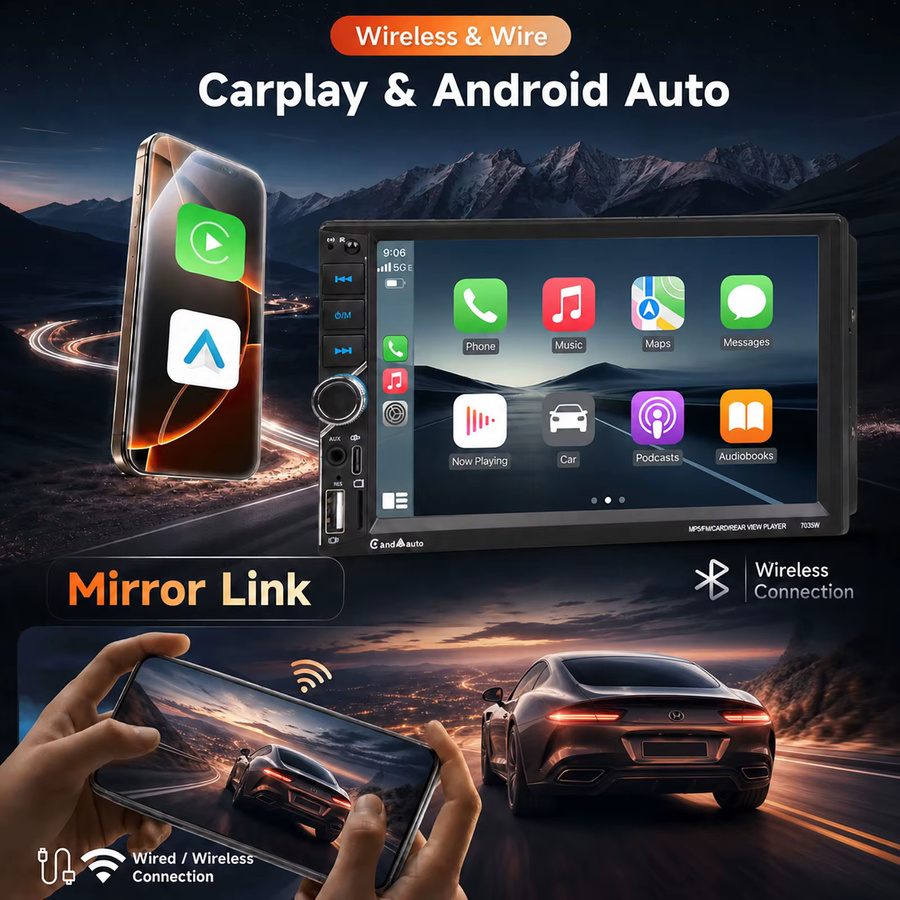 MOPECT 7 Zoll Doppel-DIN Autoradio mit Touchscreen, kabelloses CarPlay und Android Auto, Multimedia-Player mit Bluetooth, USB-C, Mirror Link und SWC in Schwarz - Bild 2