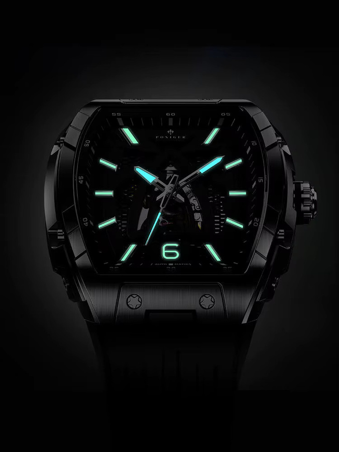PONIGER Armbanduhr Automatik, Dual Skeleton Design, Edelstahl, Kautschukband, Herren - Bild 3