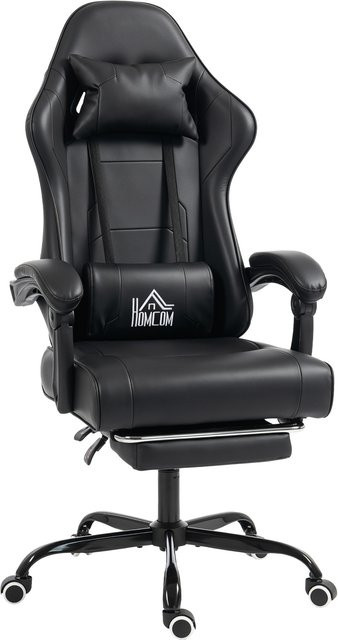 HOMCOM Ergonomischer Gaming-Stuhl in Schwarz mit Fußstütze, Kopfstütze und massierendem Lendenkissen, B/T/H: 63 x 66 x 126-134 cm - Bild 1
