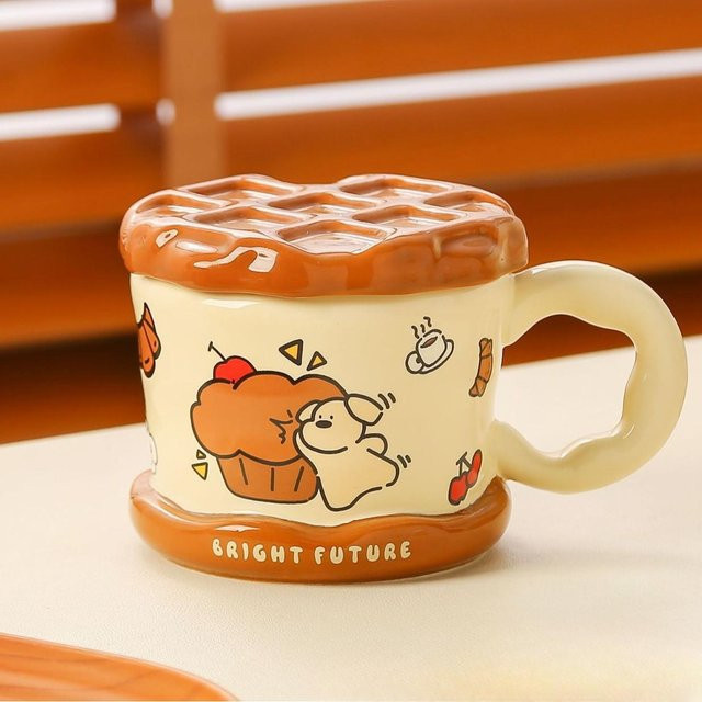 Keramik-Waffelbecher mit Deckel von Yiran toy 1, Design Niedlicher Welpe, Weiß/Mehrfarbig, 450 ml - Bild 1