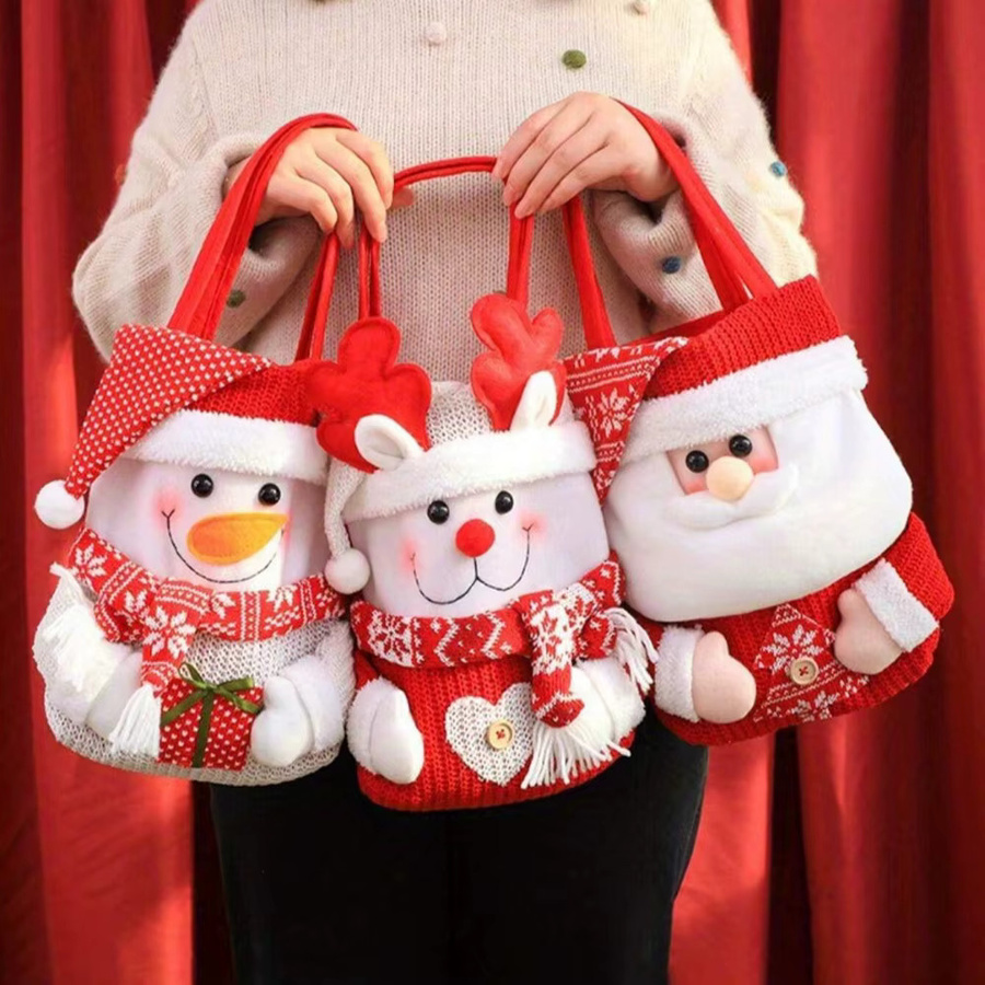 Weihnachtliche Stofftasche mit Santa Claus, Schneemann und Elch als Dekoration für Süßigkeiten und Geschenke, Mehrfarbig - Bild 2