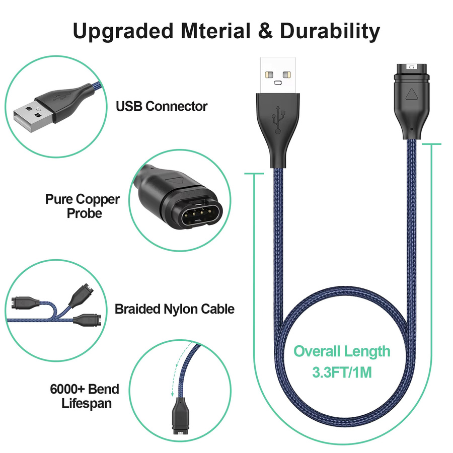 Garmin USB-C Ladekabel aus Nylon in Blau für Venu, Fenix, Vivoactive und Forerunner Modelle - Bild 2