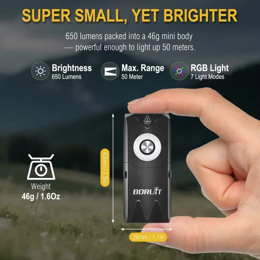 BORUiT EV25 EDC Schlüsselanhänger LED-Taschenlampe mit 650 Lumen, RGB-Arbeitslicht, Magnet und Typ-C Akku, Schwarz/Multicolor - Bild 3