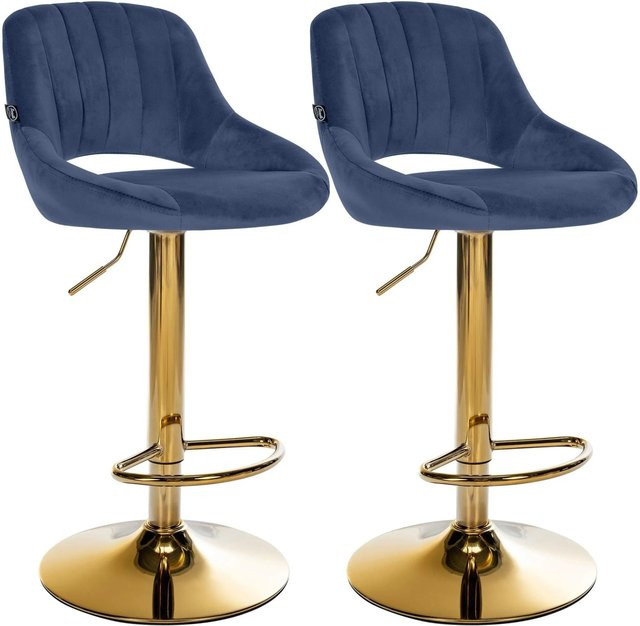 CLP 2er Set Barhocker Milet höhenverstellbar mit Lehne, gepolsterte Barstühle aus Samt mit Metallgestell, drehbar, Blau/Gold - Bild 1